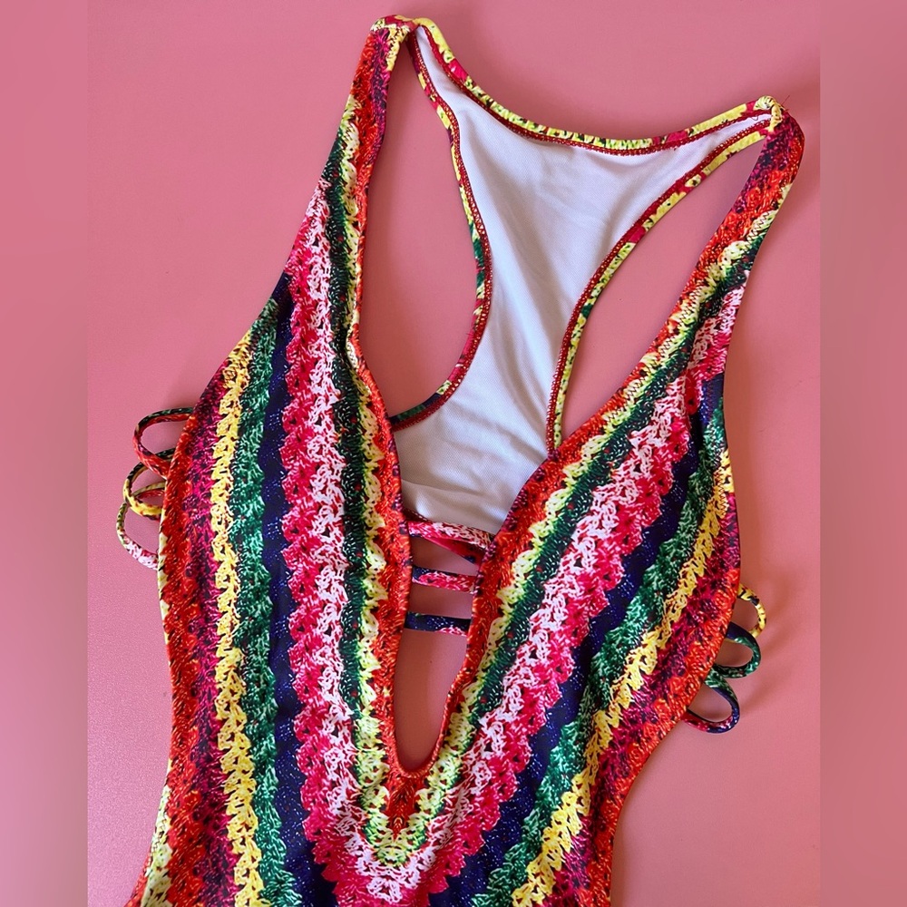 Rainbow Faux Crochet One Piece Swimsuit - Picture 2 of 13